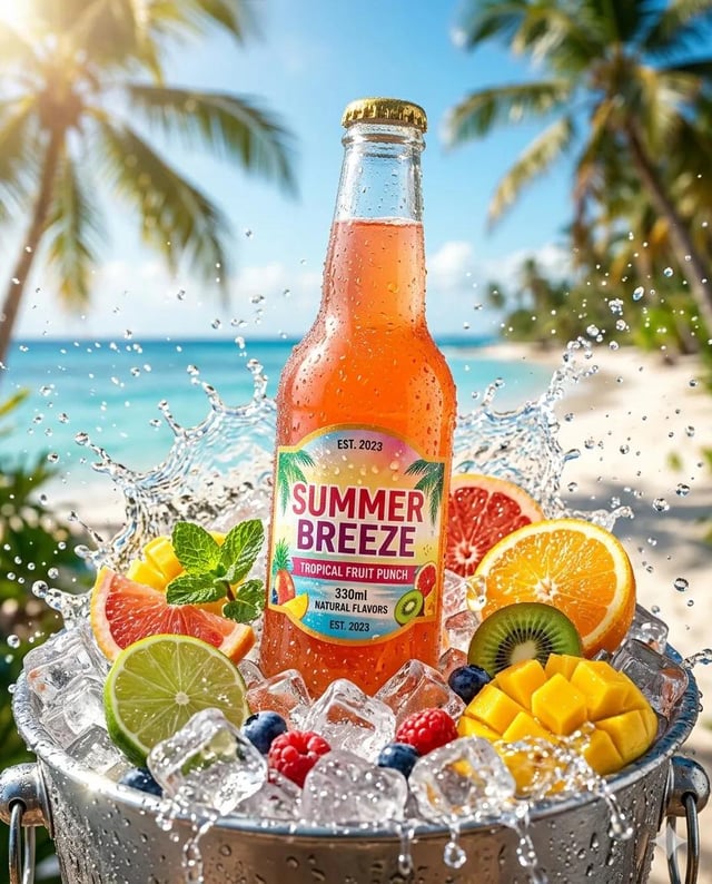 A refreshing cold drink bottle placed on wet ice cubes, surrounded by water splashes, fresh fruit sl