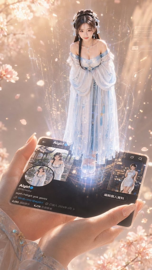 一只纤细优雅的手轻轻握着一张高度详细的X个人资料卡圖2，资料卡平放着，从资料卡表面浮现出一个全身站立的美丽少女圖1全息3D投影，全息影像實體化，周围环绕着漂浮的数字粒子和光线，背景是温暖的米色与柔和粉