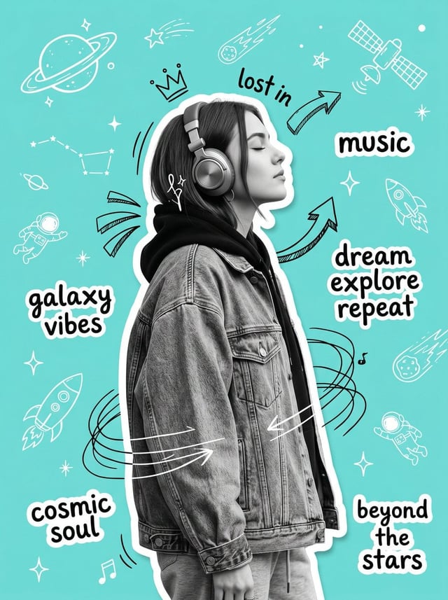 Create an original Y2K-inspired scrapbook collage poster featuring a stylish young woman in side pro
