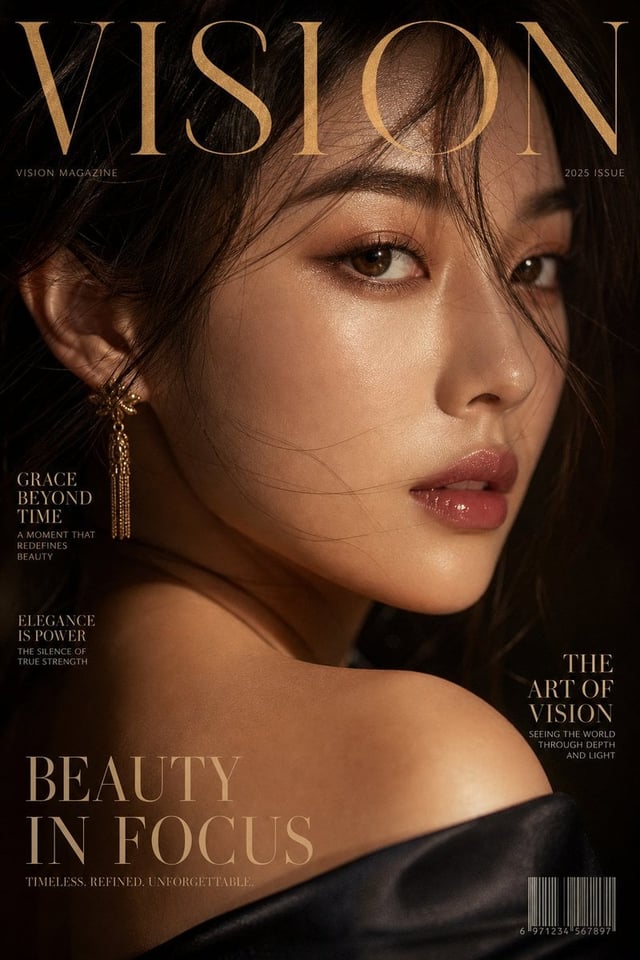 Luxury extreme close-up portrait, magazine cover style, title "VISION",