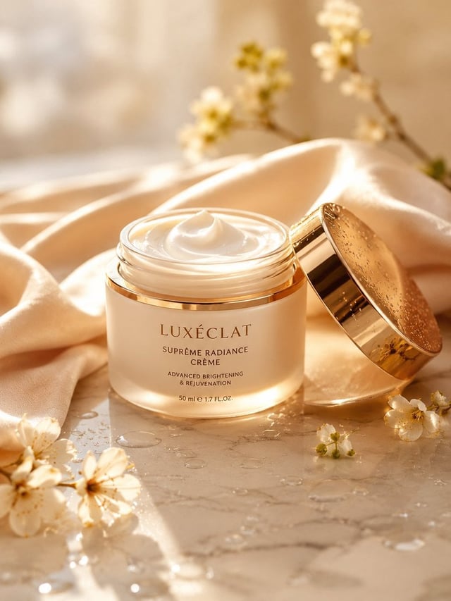 A premium skincare cream jar placed on a smooth marble surface, surrounded by soft beige silk fabric