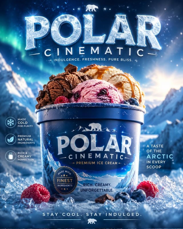 Create a captivating advertisement featuring a photo container of ice cream titled " Polar Cinem ati
