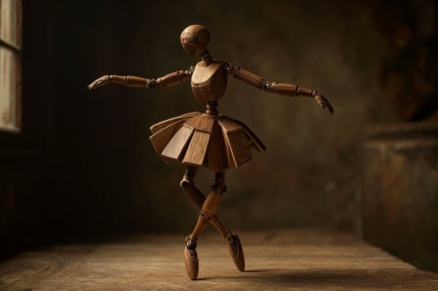 A wooden automaton version of a [subject], jointed with brass pins, natural wood tones in [cherry], 