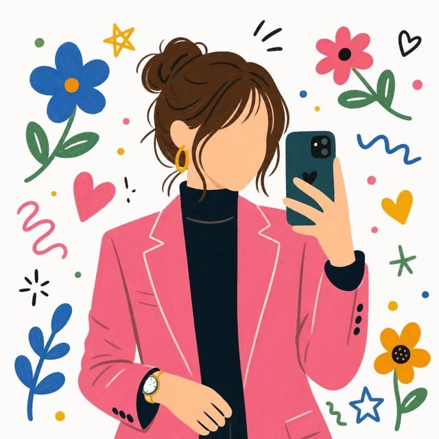 Cute faceless girl illustration in modern flat cartoon style, brown messy bun hairstyle with loose b
