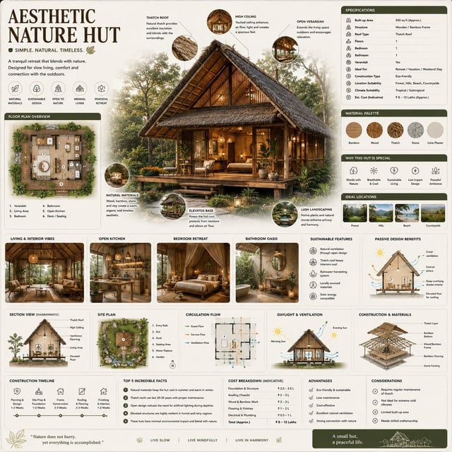Create a premium square reference-style architectural infographic centered around a beautiful aesthe