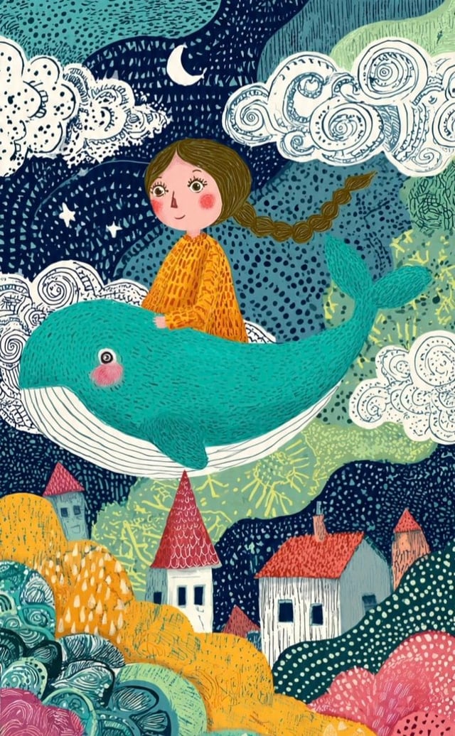 These two illustrations showcase a whimsical, folk-art style characterized by vibrant colors, intric