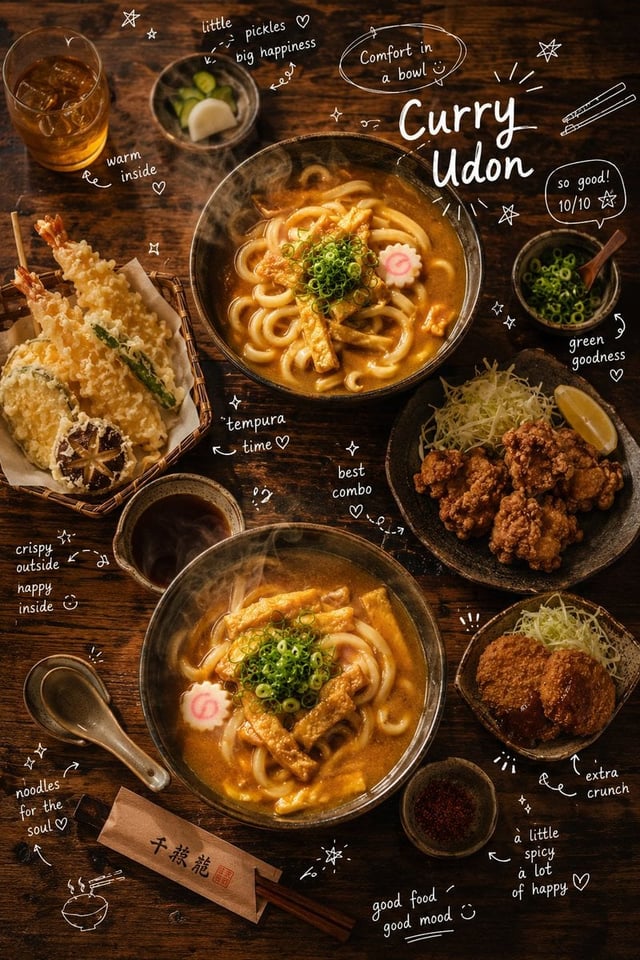 Overhead cinematic food photography of a comforting Japanese curry udon meal set placed on a rustic 