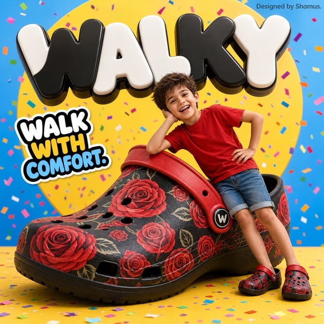 A vibrant children’s shoe advertisement poster featuring a joyful 7-year-old boy leaning energetical