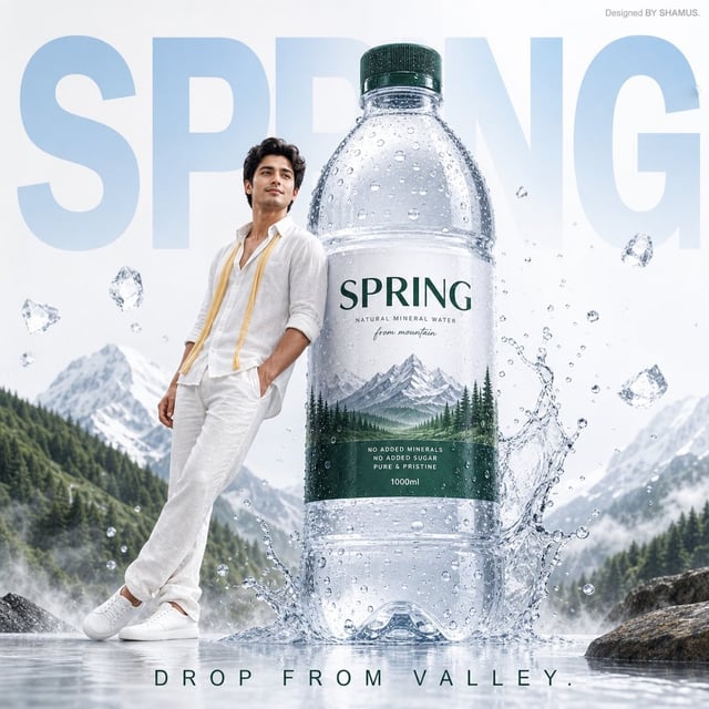 A premium mineral water advertisement poster featuring a fresh-faced young man in a relaxed white an