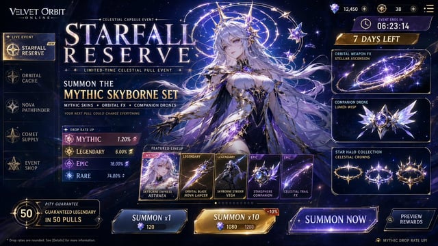 Create a premium, highly believable Lootbox / Capsule Drop Ad for an imaginary drop called STARFALL 