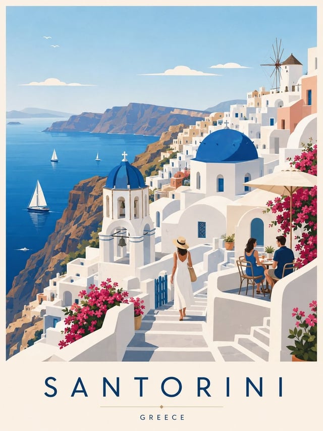 Create a premium editorial travel poster illustration of Santorini, Greece. Style: flat vector illus