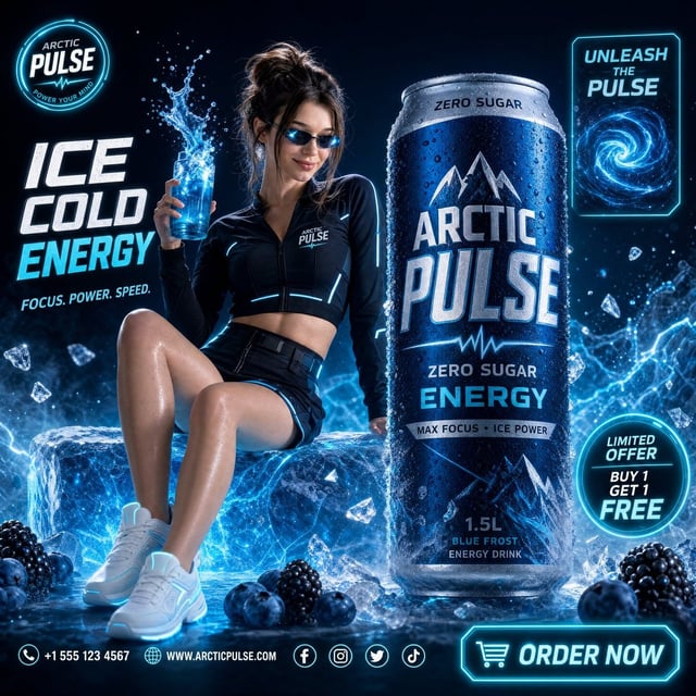 A high-end commercial beverage advertisement for "Arctic Pulse Energy Drink" — ultra cinematic, prem