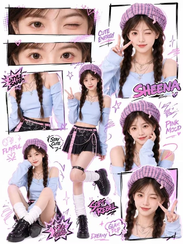 Create a high-quality Y2K kawaii street-style collage poster based on the uploaded portrait.