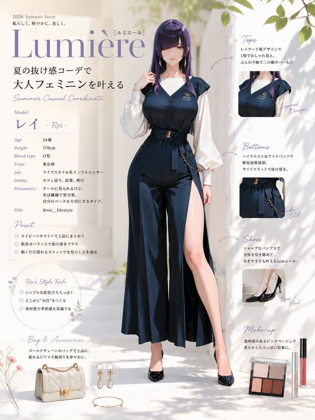 A stylish young woman with sleek, dark violet hair stands in a minimalist, sun-drenched outdoor sett