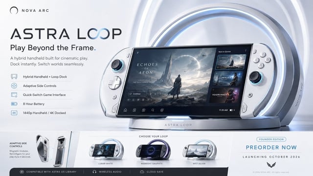 Create a premium, highly believable Fictional Console / Handheld Ad for an imaginary gaming device c