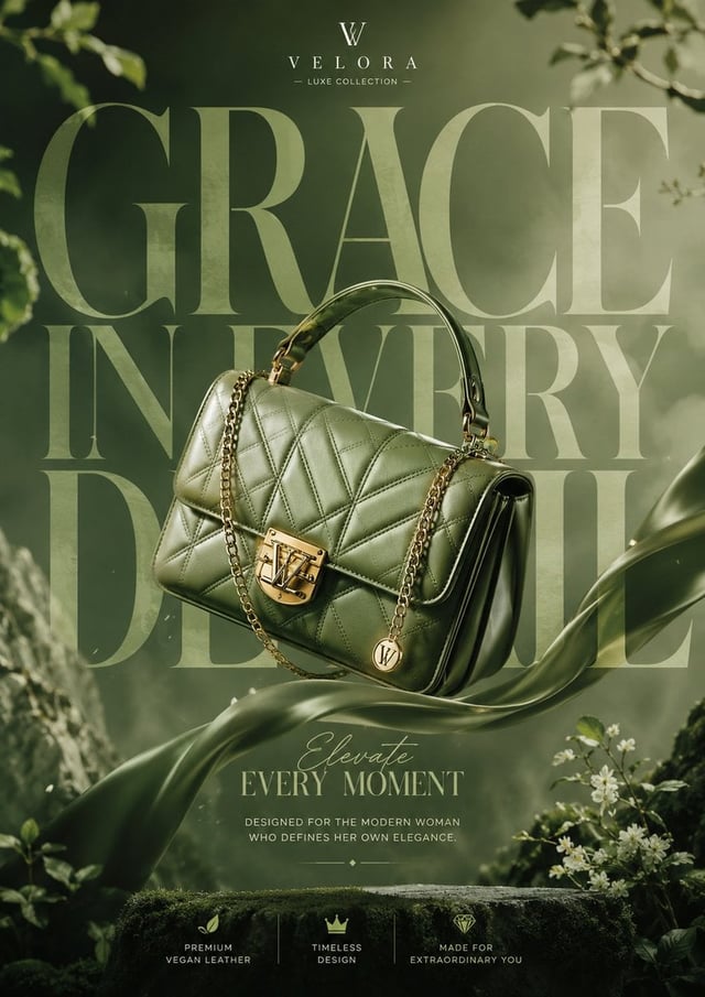 Generate a breathtaking luxury product advertisment of hand bag for girls, be creative with proper t