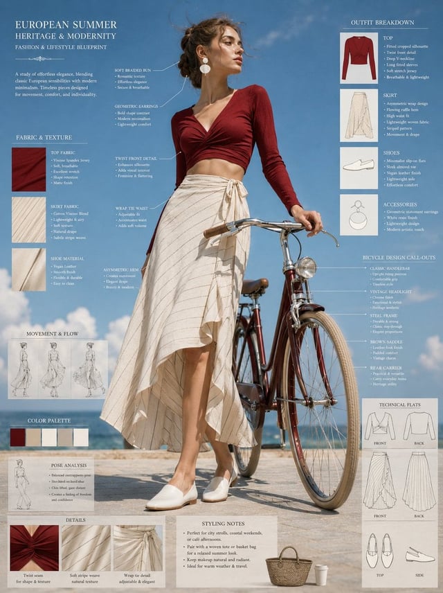 Fashion blueprint sheet of an elegant young woman posing beside a vintage bicycle, full-body low-ang