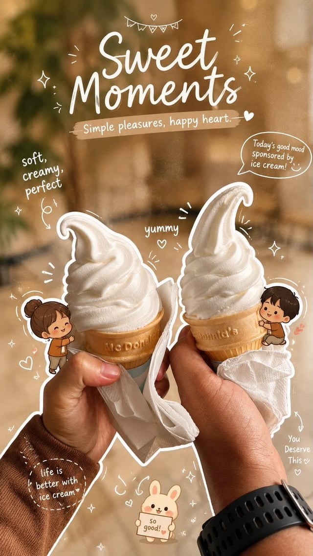 Close-up aesthetic photo of two hands holding vanilla soft serve ice cream cones, cozy warm cafe lig