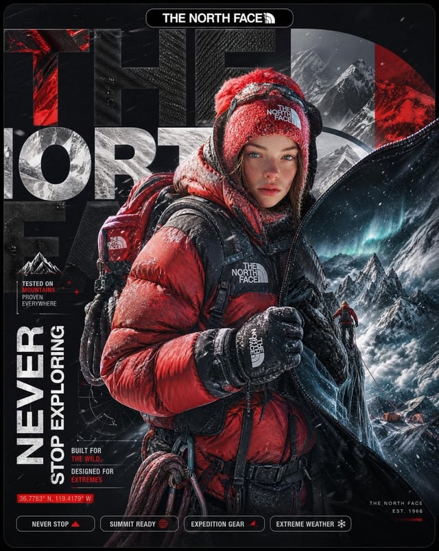 A hyper-detailed surreal advertising poster for The North Face.