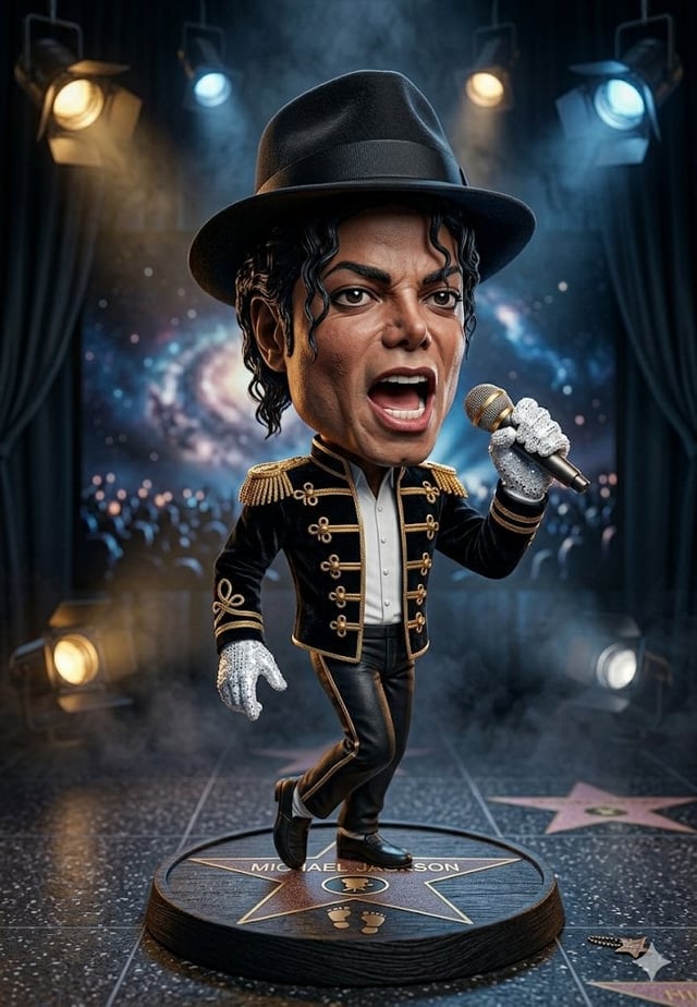 A hyper-detailed 3D caricature figurine of a legendary pop music icon, bobblehead chibi style. Chara