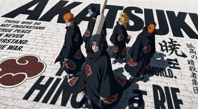 Five handsome Akatsuki members from Naruto standing at the center of a vast black-and-white typograp