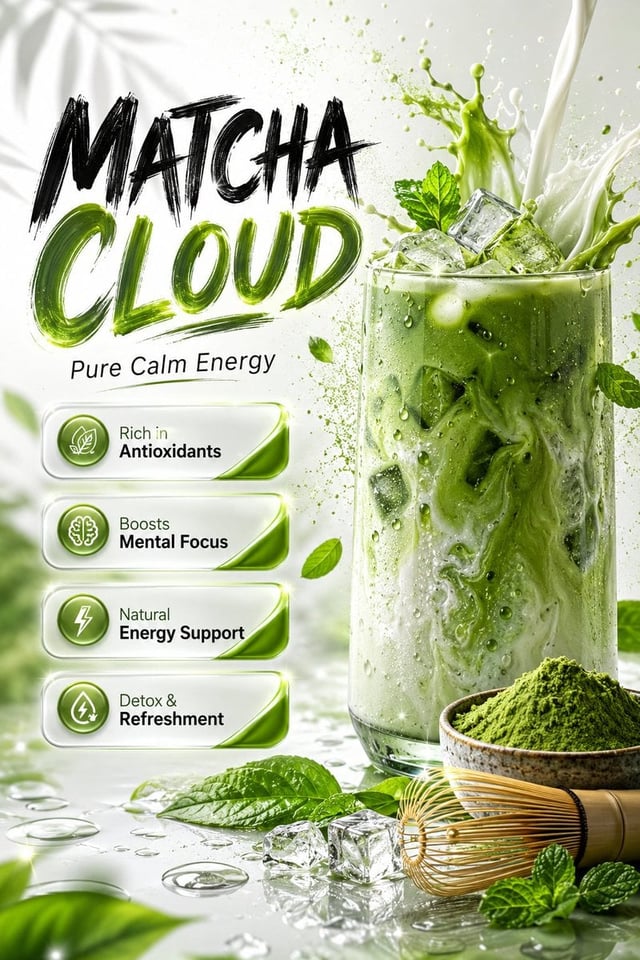 Ultra-realistic premium matcha beverage advertisement poster design, luxury wellness drink campaign 