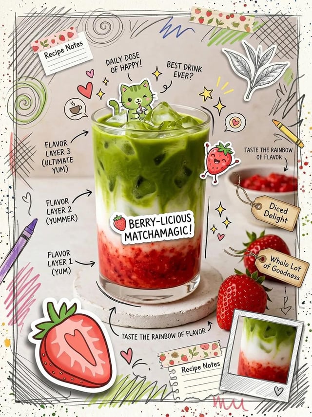 Cute scrapbook-style food photography poster, aesthetic matcha latte drink flatlay, kawaii cafe desi