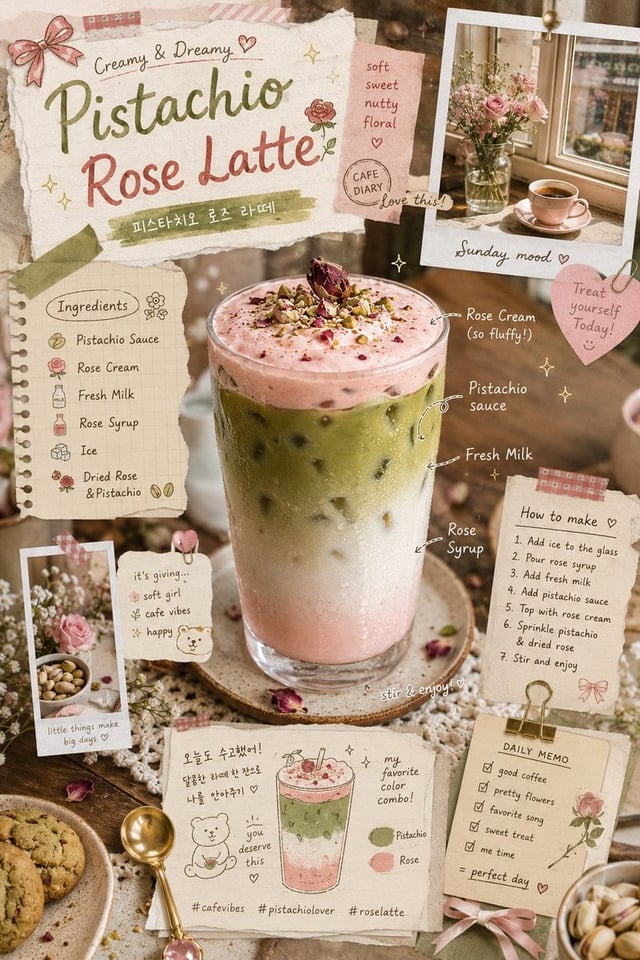 rose latte aesthetic, layered iced pistachio drink with rose cream foam and milk gradients, ultra-re