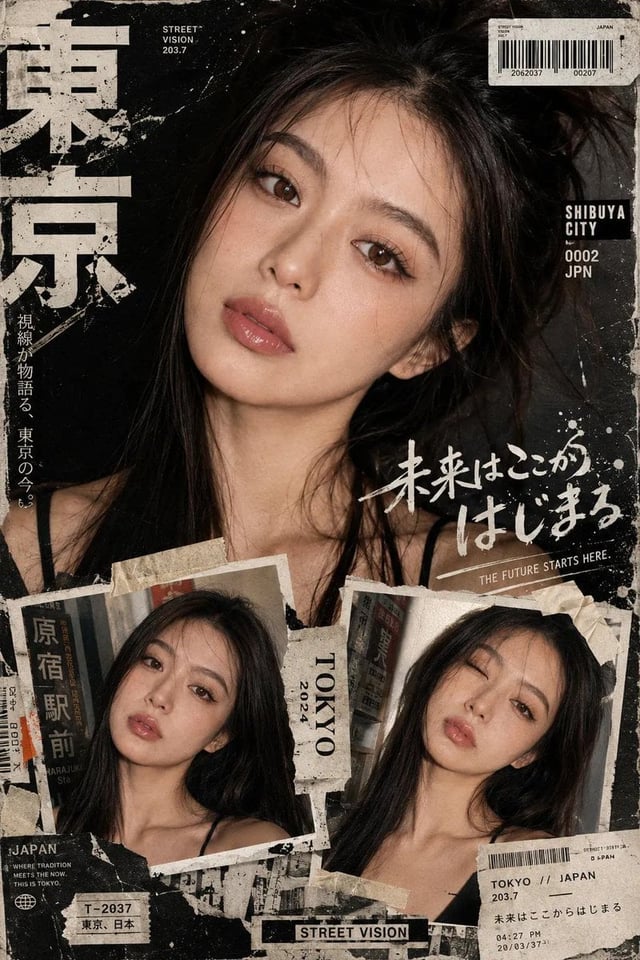Create a bold Y2K Japanese street-editorial collage poster with a clean high-fashion magazine aesthe