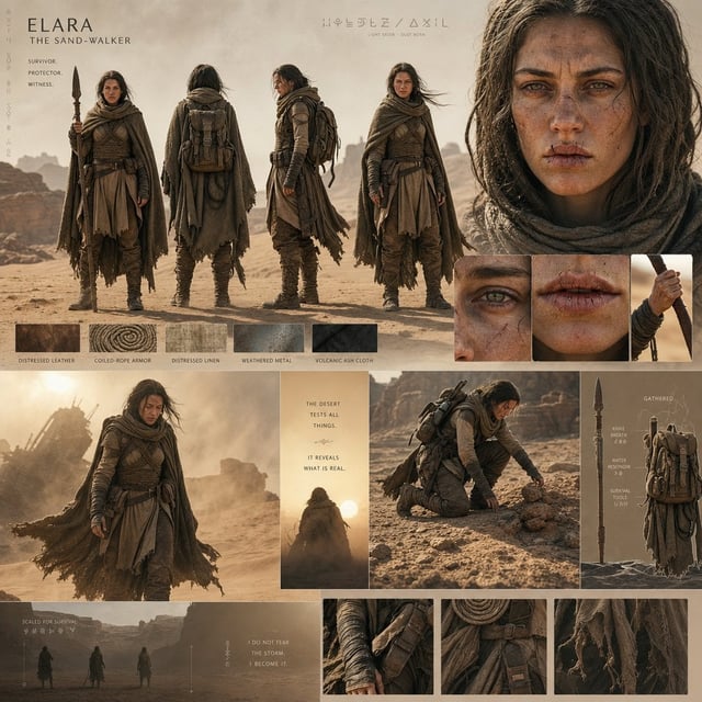 An epic desert-world cinematic character board with monumental scale and atmospheric realism. Warm g