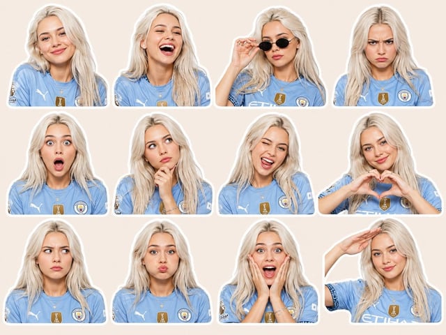 A high-quality premium sticker pack featuring the same young beautiful English woman in 12 different