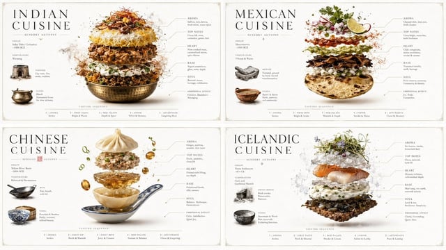 2x2 grid, 16:9, do this for Indian, Mexican, Chinese, and Iceland cuisines:  INPUT:  [FOOD / DRINK /