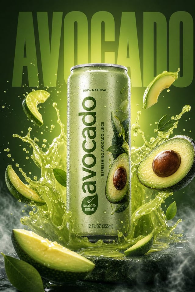 A high-resolution, vibrant product ad featuring a (avacado ) flavored beverage can. Place the can (i