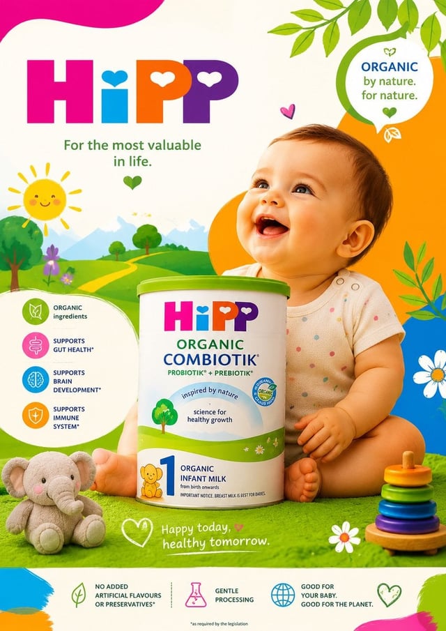 Ultra-premium commercial baby formula advertisement poster for a famous infant milk brand, hyper-rea