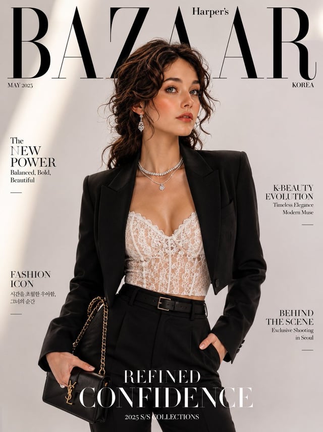 Using the provided reference image, create an ultra-realistic luxury fashion magazine cover featurin