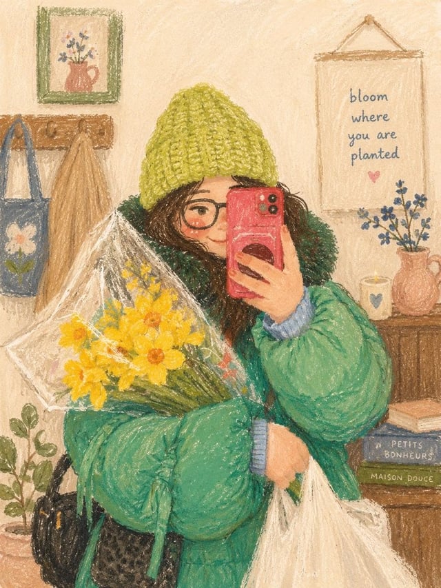 Cute cozy oil pastel illustration, soft textured crayon art style, aesthetic girl selfie portrait, w