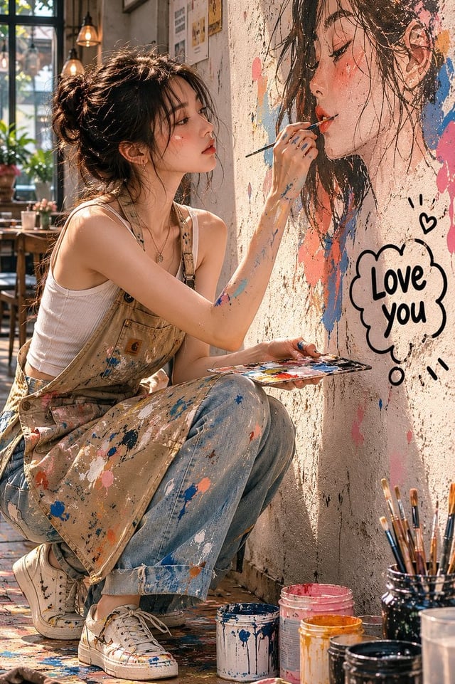 Create a realistic, editorial-style portrait photo set in a cozy and artistic café. The subject is p