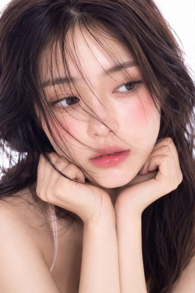 Ultra-realistic cinematic beauty portrait of a young Korean woman, soft dewy glass skin, natural pin