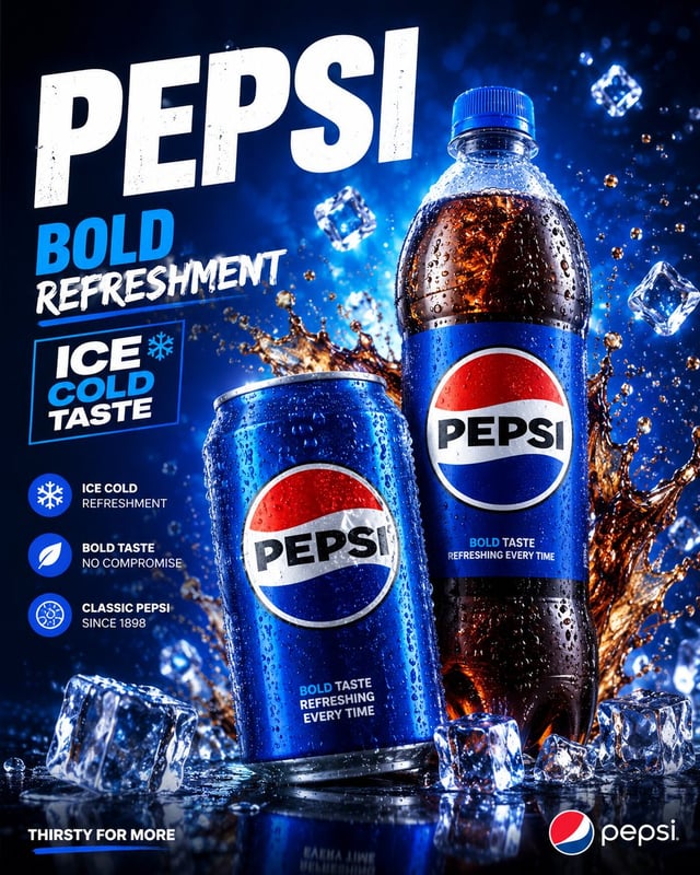 Create a premium Pepsi drinks packaging advertisement poster with a bold, refreshing, and high-end c