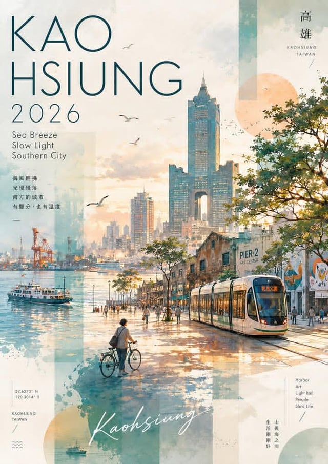 Watercolor and collage travel poster for Kaohsiung, Taiwan, vertical layout, soft pastel and warm go