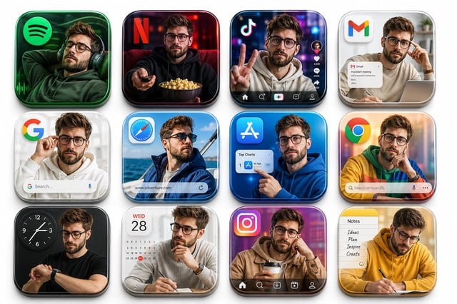 Create a premium 3D grid of 12 square app icons arranged neatly on a clean white studio background. 