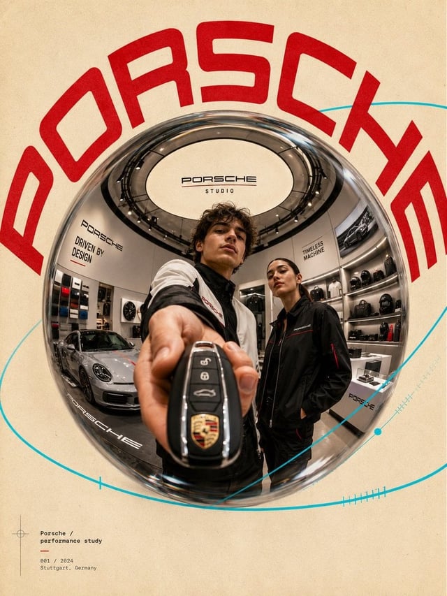 Ultra-stylized futuristic brand campaign poster inside a premium flagship store or branded experienc