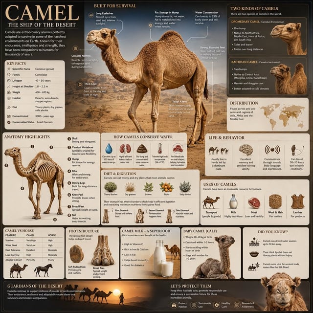 Create a premium square “reference-style wildlife infographic” centered around the camel, designed a