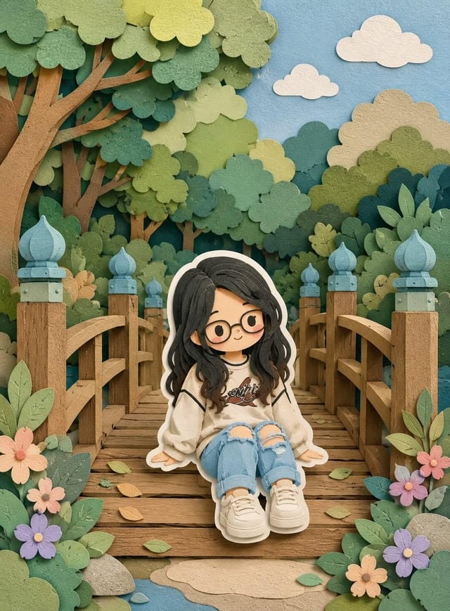 Cute layered paper-cut art style illustration of a chibi girl with big expressive eyes and long wavy