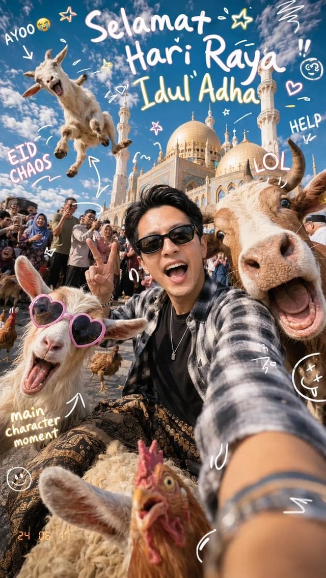 Ultra-realistic super cute chaotic Eid al-Adha selfie photograph in front of a dreamy pastel-toned g