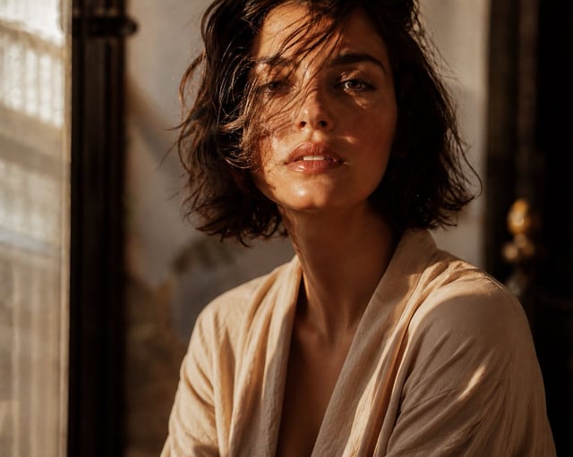 Cinematic editorial close-up of an elegant young woman with a tousled chin-length brunette bob, a fe
