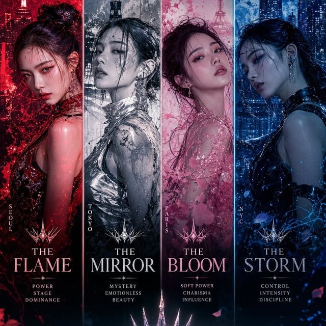 Ultra-premium K-pop comeback concept featuring a four-member global girl group embodying luxury chao
