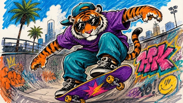 Hand-drawn marker illustration of [subject], bold black outlines, saturated vibrant colors, visible 