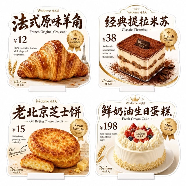 请生成一张[味多美]门店异形桌牌展示图。纯白背景。