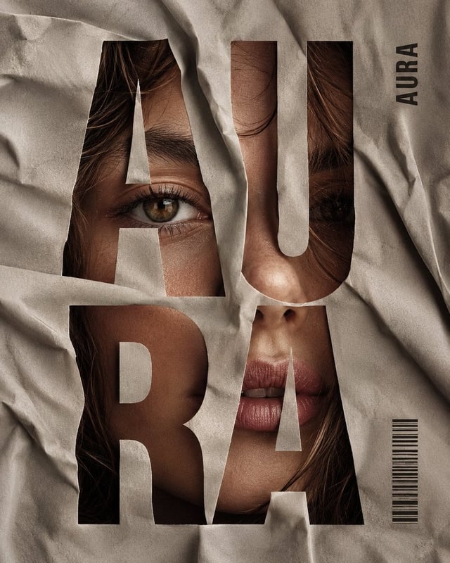 Vertical editorial poster portrait of [CHARACTER] with [HAIR], face tightly framed behind crumpled [